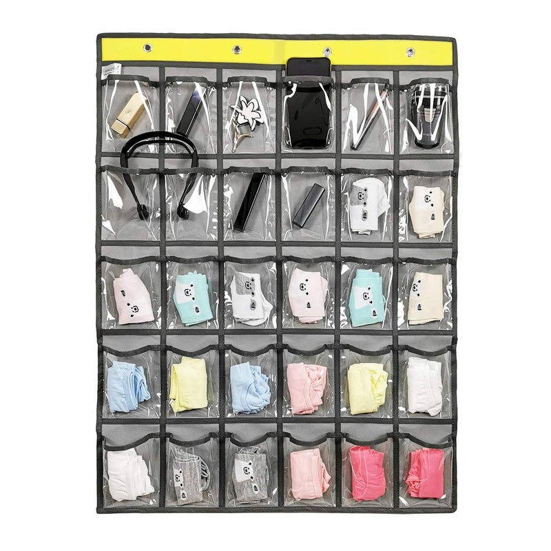 ANIZER Classroom Pocket Chart for Phone Calculator Holder Over The Door Hanging Closet Jewelry Organizer with 30 Clear Pockets (GREY) - Image 1